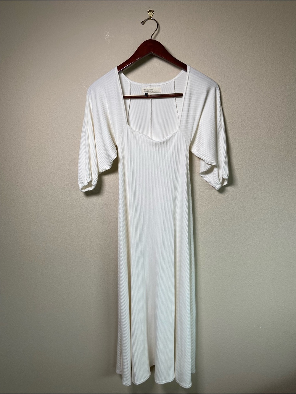 Hackwith White Ribbed Square Neck Dress Medium